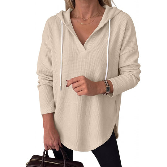 Damen Waffelstrick-Kapuzenpullover mit V-Ausschnitt, Oversize-Schnitt und Seitenschlitzen Shop Nory