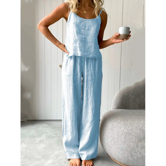 Damen lässiges Leinen-Set mit Trägershirt und weiten Hosen Shopnory