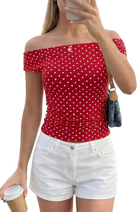 Damen Schulterfreies tailliertes Polka‑Dot Top mit geraffter Seitennaht Shop Nory