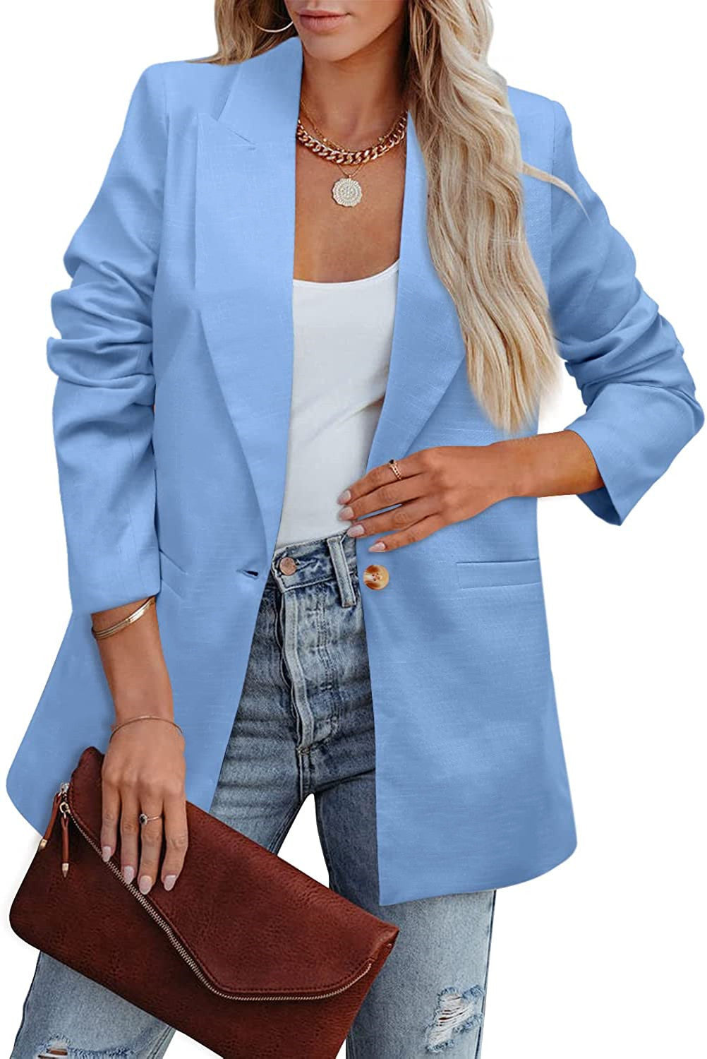 Shopnory | Doppelreihiger Blazer mit Gerafften Ärmeln und Taschen