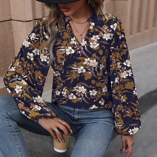 Damen Leichte Chiffonbluse mit floralem Alloverprint, V-Ausschnitt und voluminösen Bündelärmeln Shop Nory