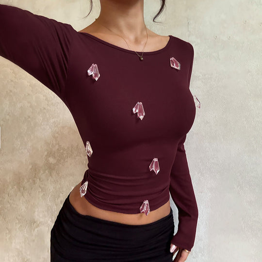 Damen Enganliegendes Langarmshirt mit Kristall‑Applikationen Shop Nory