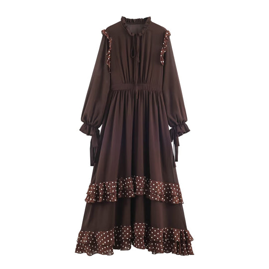 Damen verspieltes Midi-Tiered-Kleid mit Rüschenkragen, Bindeband und Volantstufen Shop Nory