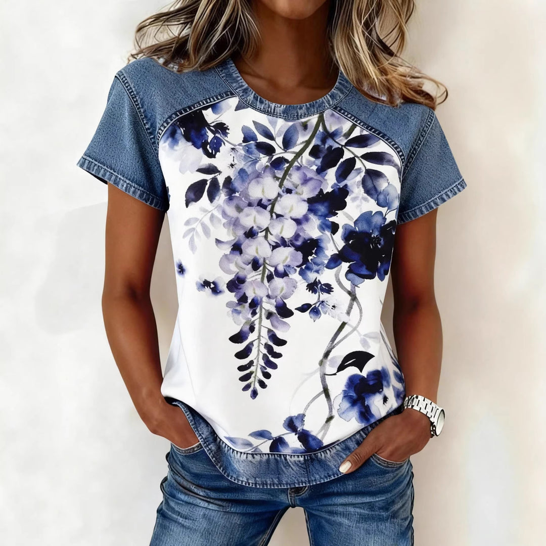 Damen Kurzarmshirt mit Jeans-Einsätzen und Teddy-Patchprint Shop Nory