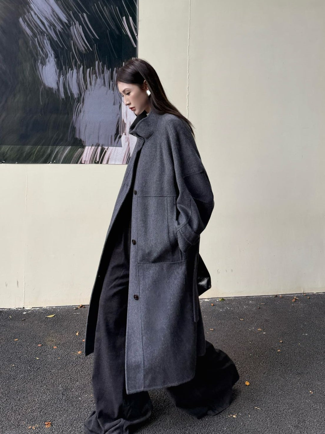 Damen Oversize Wollmantel mit Stehkragen und großen Pattentaschen Shop Nory