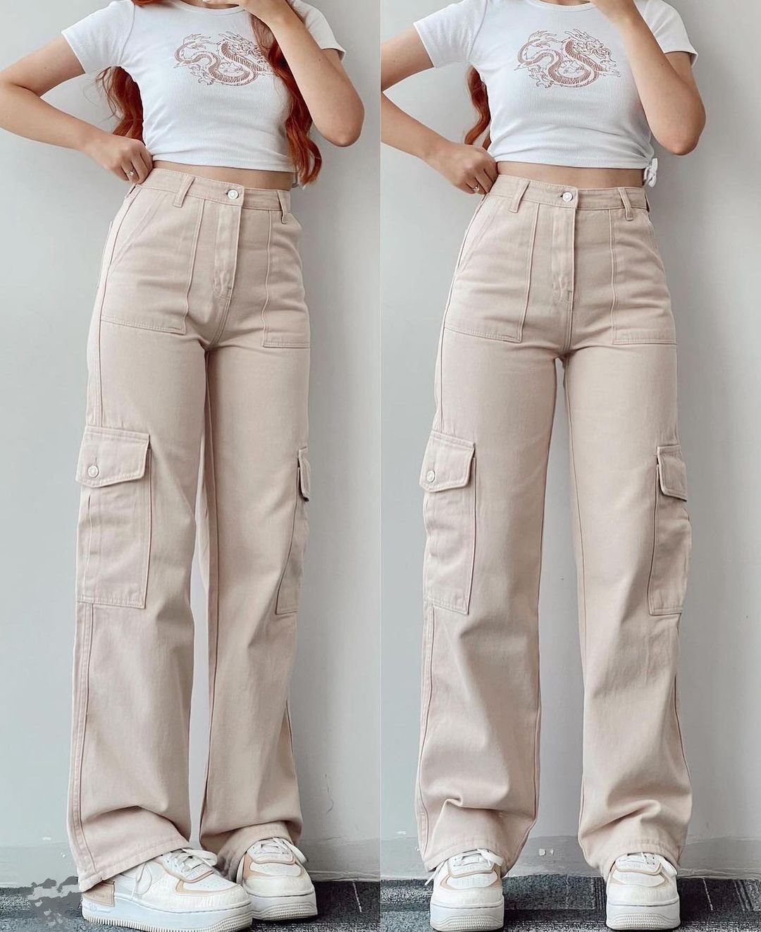 Damen High-Waist-Cargohose aus Twill mit aufgesetzten Klappentaschen und weitem Bein Shop Nory