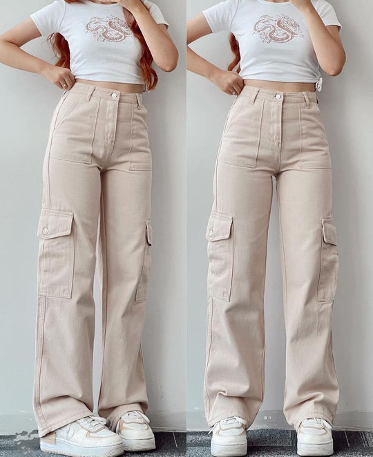 Damen High-Waist-Cargohose aus Twill mit aufgesetzten Klappentaschen und weitem Bein Shop Nory
