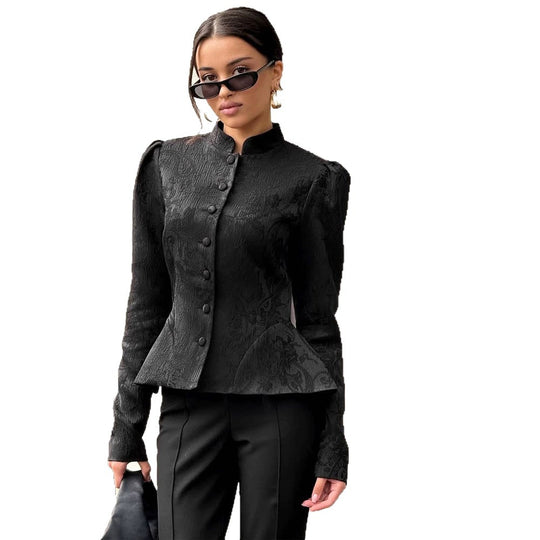 Damen taillierte Jacquard‑Bluse mit Stehkragen und dekorativer Knopfleiste Shop Nory