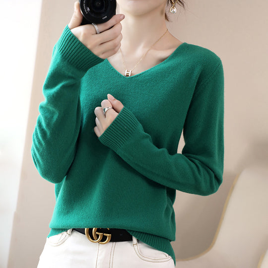 Damen V-Ausschnitt Pullover in Kaschmir-Optik mit legerem Schnitt und Rippbündchen Shop Nory