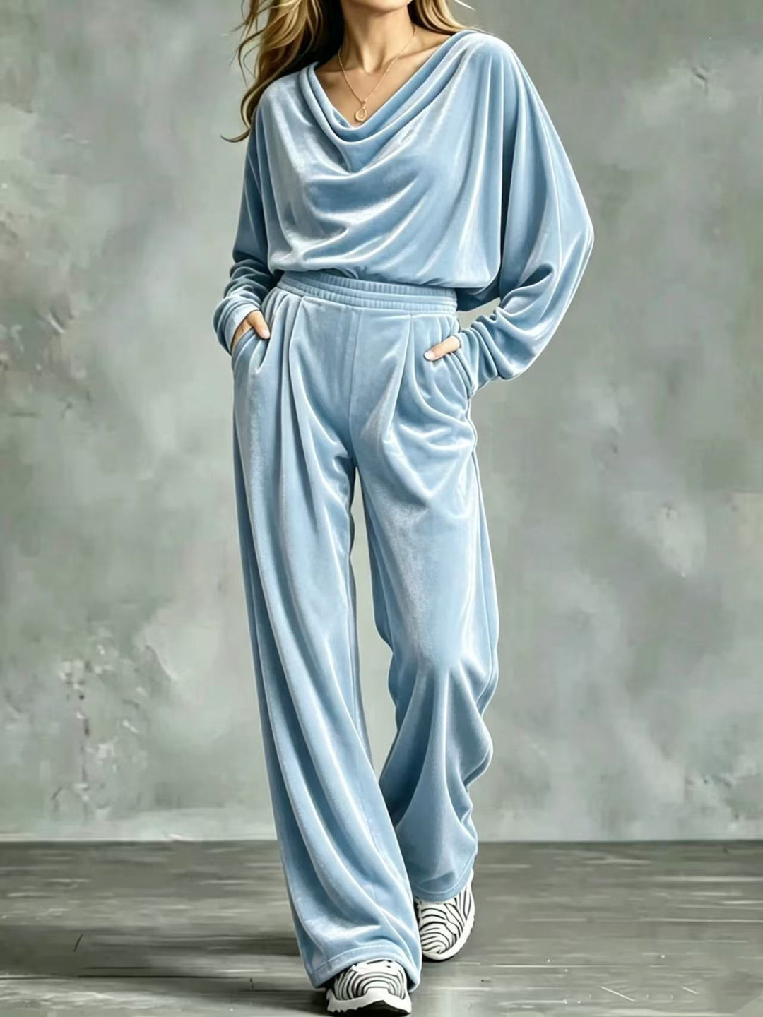 Damen Samt-Loungewear-Set mit Wasserfallkragen, weitem Palazzo-Schnitt und Eingrifftaschen Shop Nory