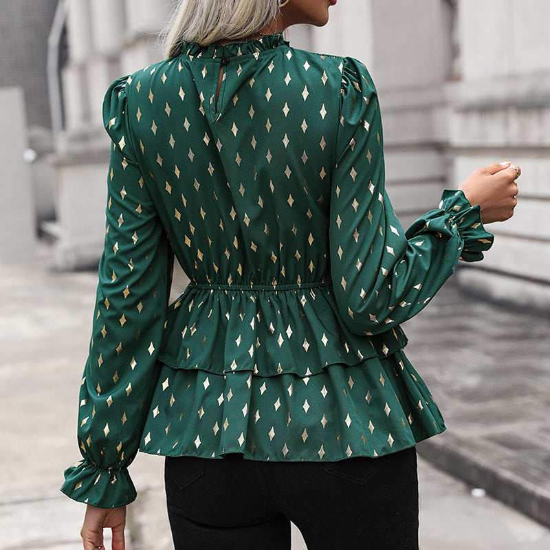 Damen Gesmoktes Volant-Blusenshirt mit langen Manschettenärmel und goldenem Rautendruck Shop Nory