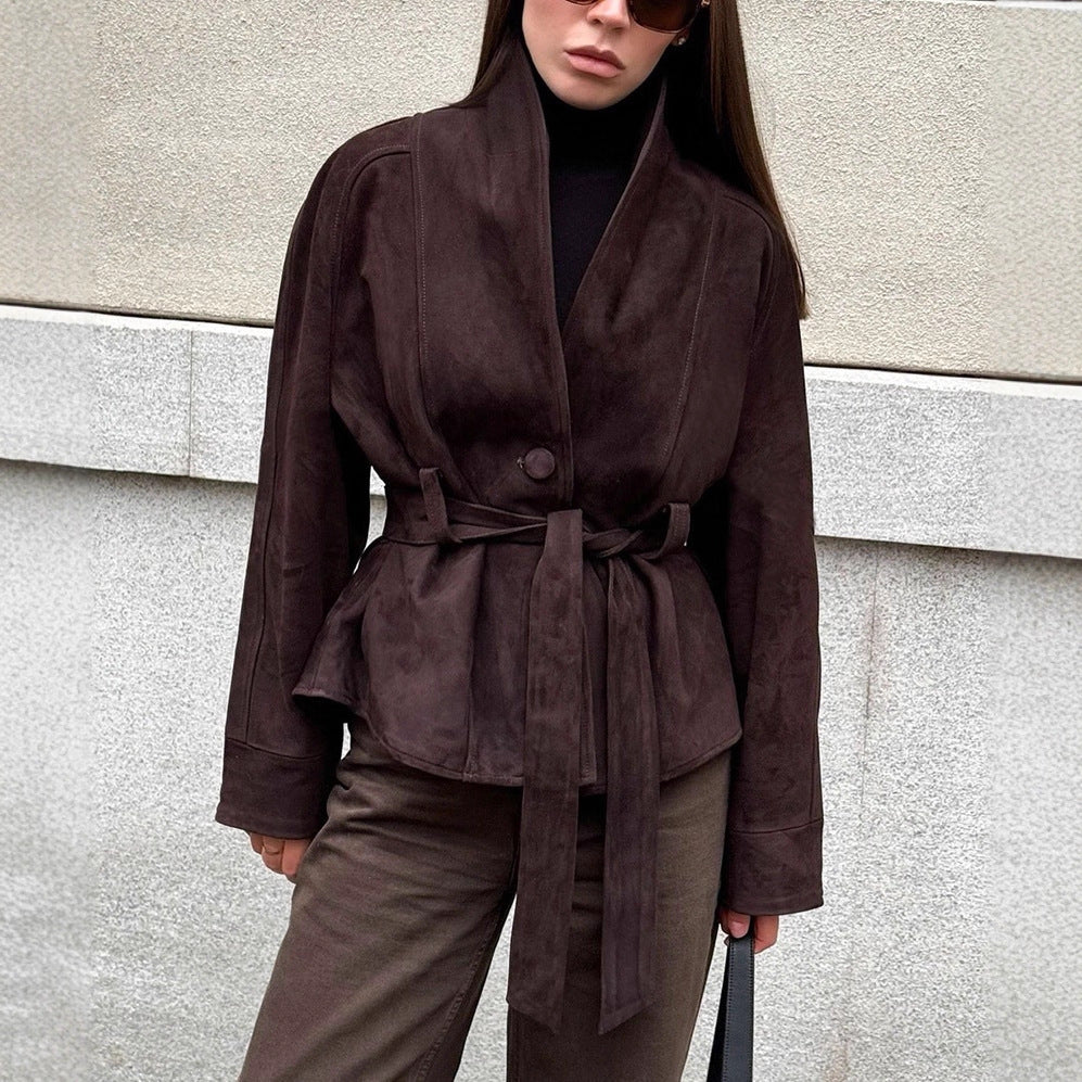 Damen Velourslederjacke mit Schalkragen und Bindegürtel Shop Nory
