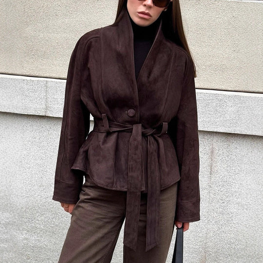 Damen Velourslederjacke mit Schalkragen und Bindegürtel Shop Nory