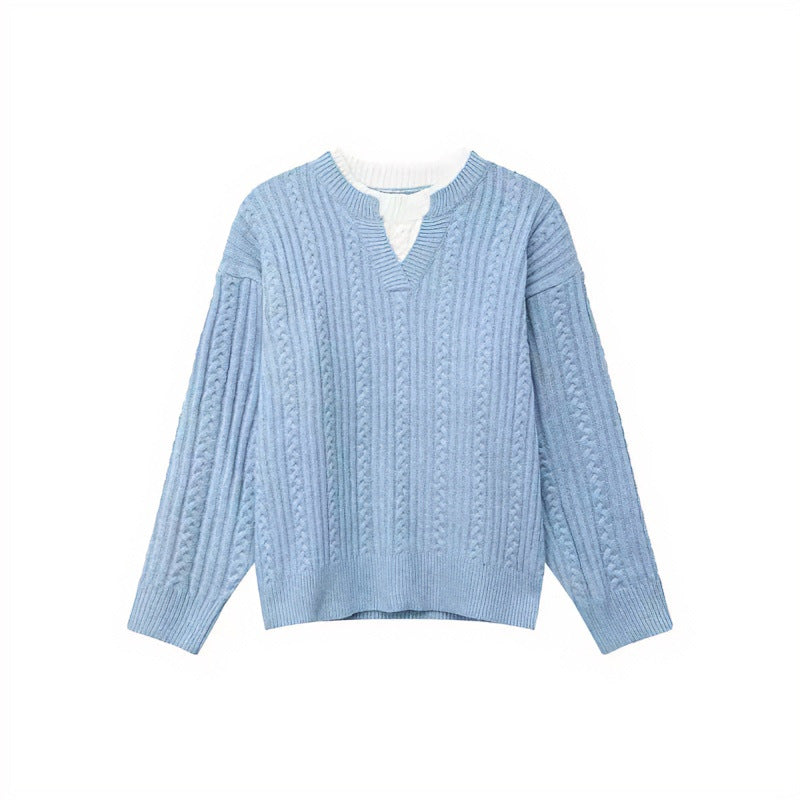 Damen Grobgestrickter Zopfmuster-Pullover mit V‑Ausschnitt und Lagen‑Optik Shop Nory