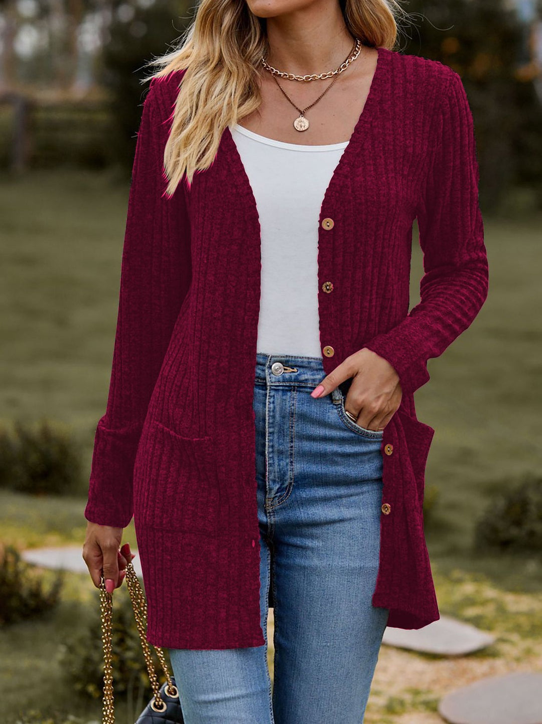 Damen nan langer gerippter Strickcardigan mit Eingrifftaschen und Holzknöpfen Shop Nory