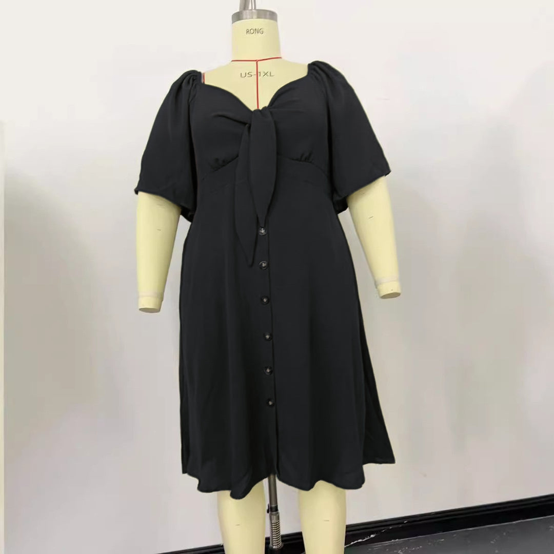 Damen A-Linien Midikleid mit Knoten-Detail, Puffärmeln und Knopfleiste Shop Nory