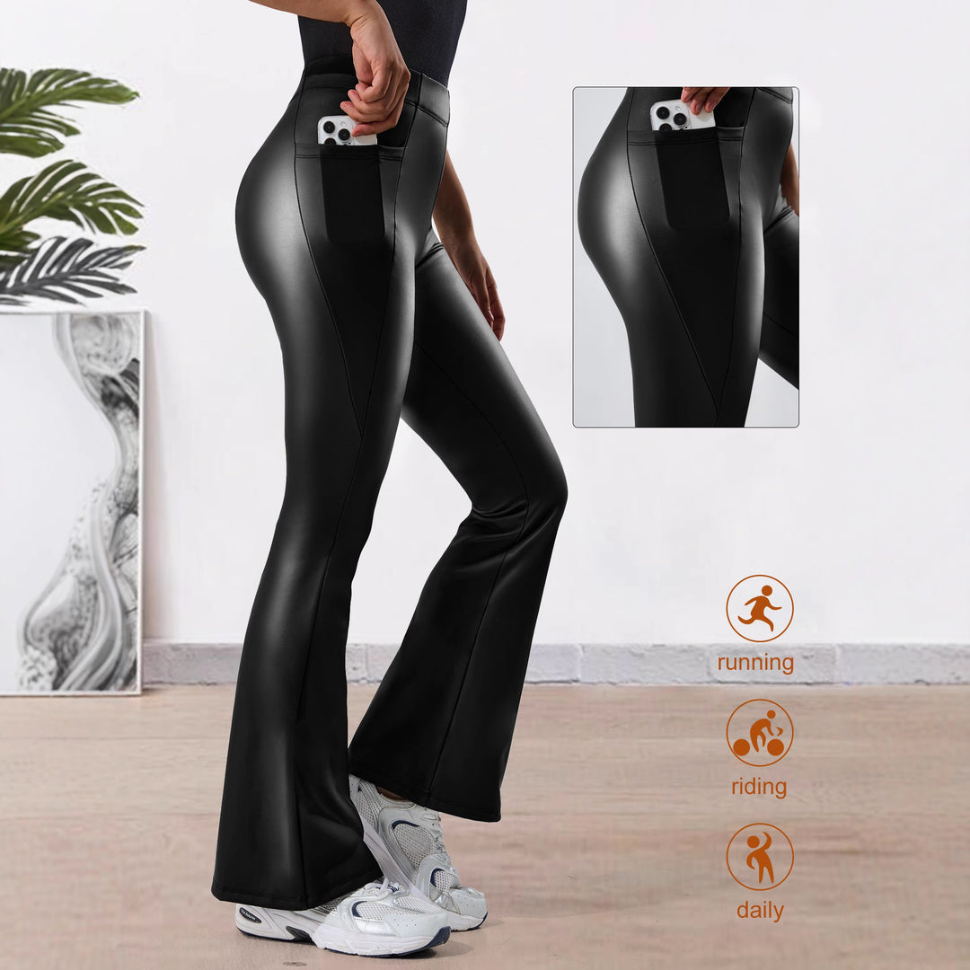 Damen Hochtaillierte Kunstleder-Flared-Leggings mit V-Seitentasche und figurformender Passform Shopy Nory
