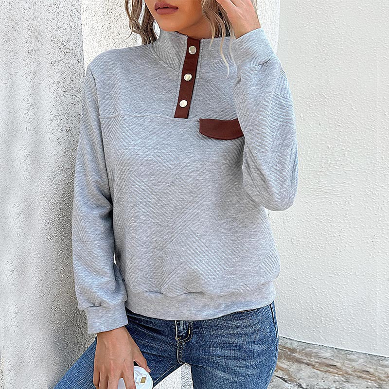 Damen Strukturierter Sweatpullover mit Stehkragen, Druckknopfleiste und Brustklappe Shop Nory