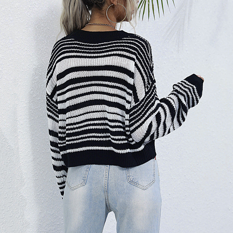 Damen Cropped-Strickpullover mit Off-Shoulder, lockerer Oversize-Passform & Streifenmuster Shop Nory