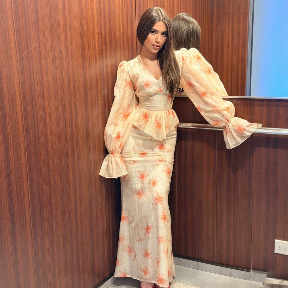 Damen Midaxi-Kleid mit Schößchen, V-Ausschnitt und voluminösen Puffärmeln Shop Nory