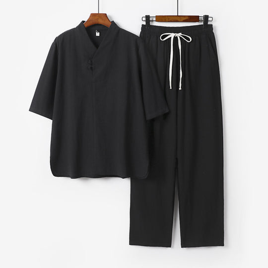Herren Zweiteiliges Leichtes Loungewear-Set mit Stehkragen-Halbarmshirt und Kordelbund-Hose Shop Nory