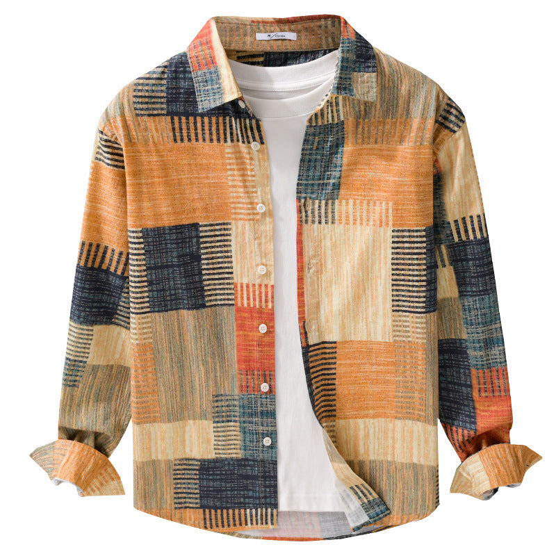 Herren Gemustertes Langarm-Hemd im Patchwork-Look aus leichtem Baumwollmix Relaxed Fit Shop Nory