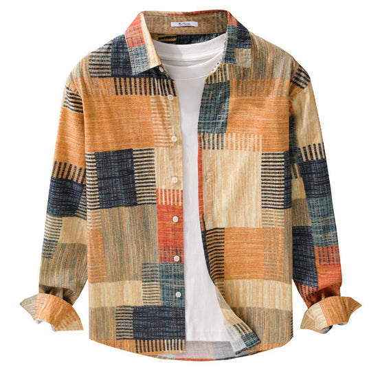 Herren Gemustertes Langarm-Hemd im Patchwork-Look aus leichtem Baumwollmix Relaxed Fit Shop Nory