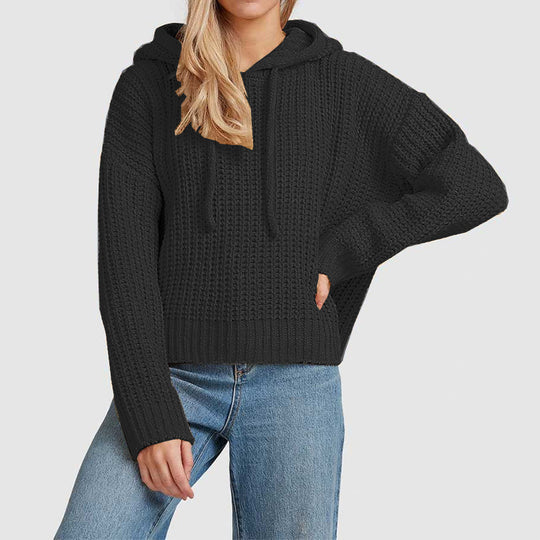 Damen Grobstrick-Kapuzenpullover mit Waffelstruktur, überschnittener Schulter und kurzem Saum Shop Nory