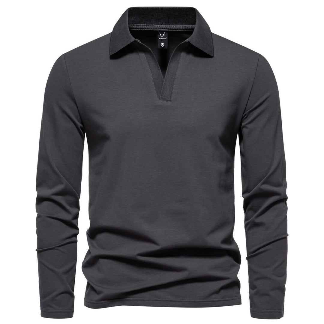 Herren Langarm-Polo mit offenem V-Ausschnitt, feinem Rippenkragen und schmaler Silhouette Shop Nory