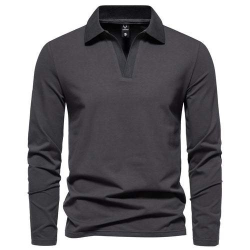 Herren Langarm-Polo mit offenem V-Ausschnitt, feinem Rippenkragen und schmaler Silhouette Shop Nory