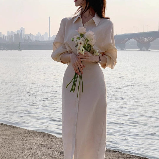 Damen Hemdblusenkleid aus Leinenoptik mit Tunnelzugtaillenband und krempelbaren 3/4-Ärmeln Shop Nory