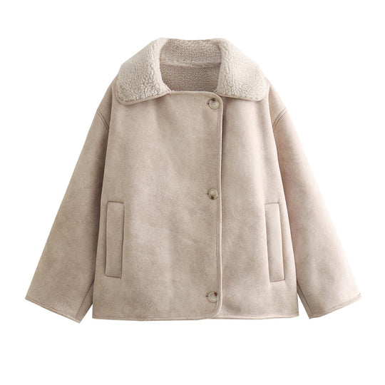 Damen Boxy-Jacke aus Faux-Shearling mit großem Teddykragen und Eingrifftaschen Shop Nory
