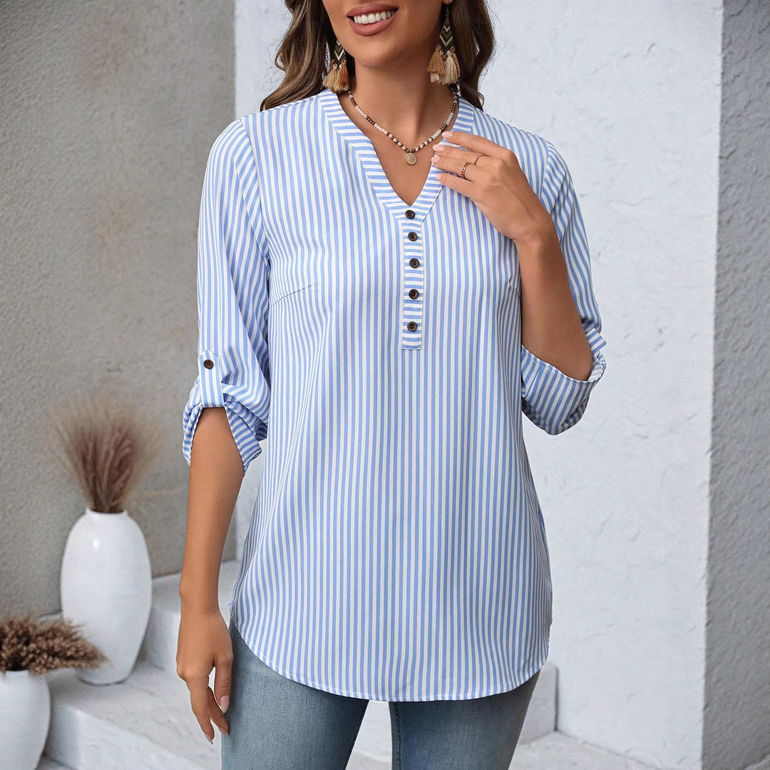 Damen Gestreifte V-Ausschnitt Tunika-Bluse mit Knopfleiste und krempelbaren Dreiviertelärmeln Shop Nory