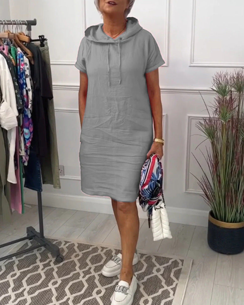 Damen nan legeres Kapuzenkleid mit kurzem Ärmel, geradem Schnitt und Kordelzug