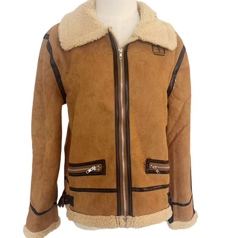 Damen Kurz geschnittene Aviator Lammfell‑Imitatjacke mit Teddyfutter und Kunstlederbesatz Shop Nory