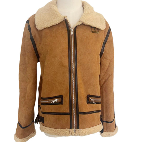 Damen Kurz geschnittene Aviator Lammfell‑Imitatjacke mit Teddyfutter und Kunstlederbesatz Shop Nory