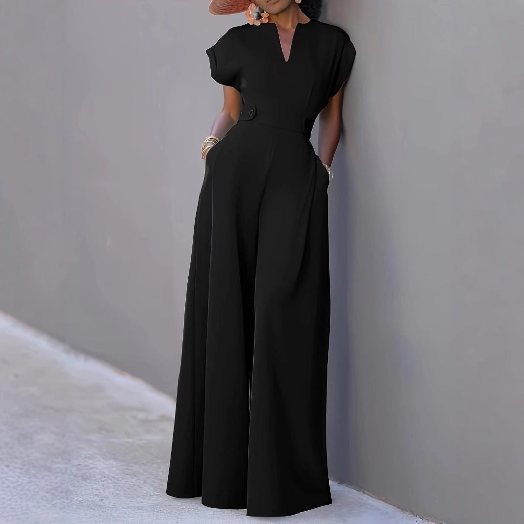 Damen eleganter Jumpsuit mit weitem Bein und praktischen Taschen