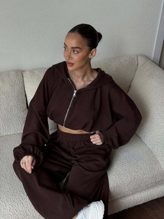 Damen Cropped-Zip-Hoodie und weite High-Waist-Loungehose Zweiteiler Shop Nory