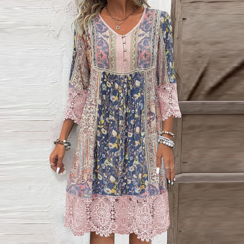 Frauen Boho Midi Kleid mit floralem Patchwork-Druck, Dreiviertelärmel und Häkelspitze Shop Nory