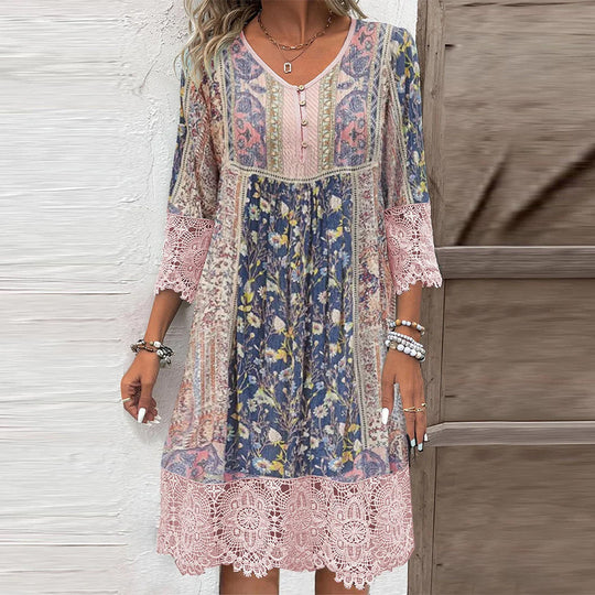Frauen Boho Midi Kleid mit floralem Patchwork-Druck, Dreiviertelärmel und Häkelspitze Shop Nory