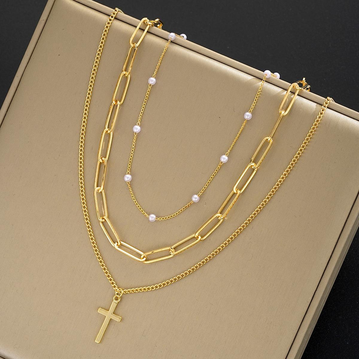 Damen mehrlagige Halskette mit eleganten Perlen und Kreuzanhänger Shop Nory