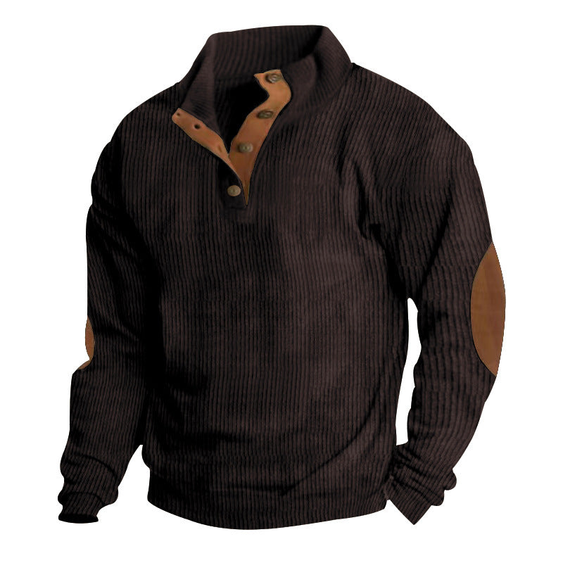 Herren nan gerippter Pullover mit Henley-Kragen und Leder-Ellbogenpatches Shop Nory