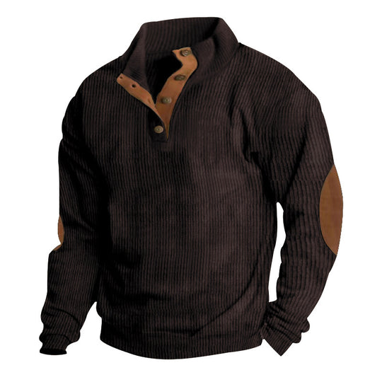 Herren nan gerippter Pullover mit Henley-Kragen und Leder-Ellbogenpatches Shop Nory
