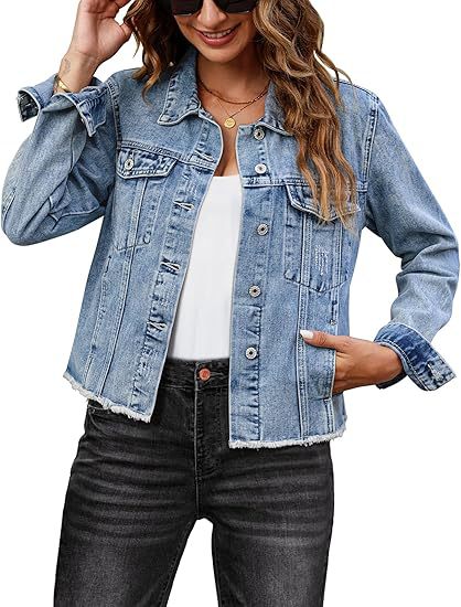 Damen Kurz geschnittene Denim-Jacke mit fransigem Saum und Brusttaschen Shop Nory