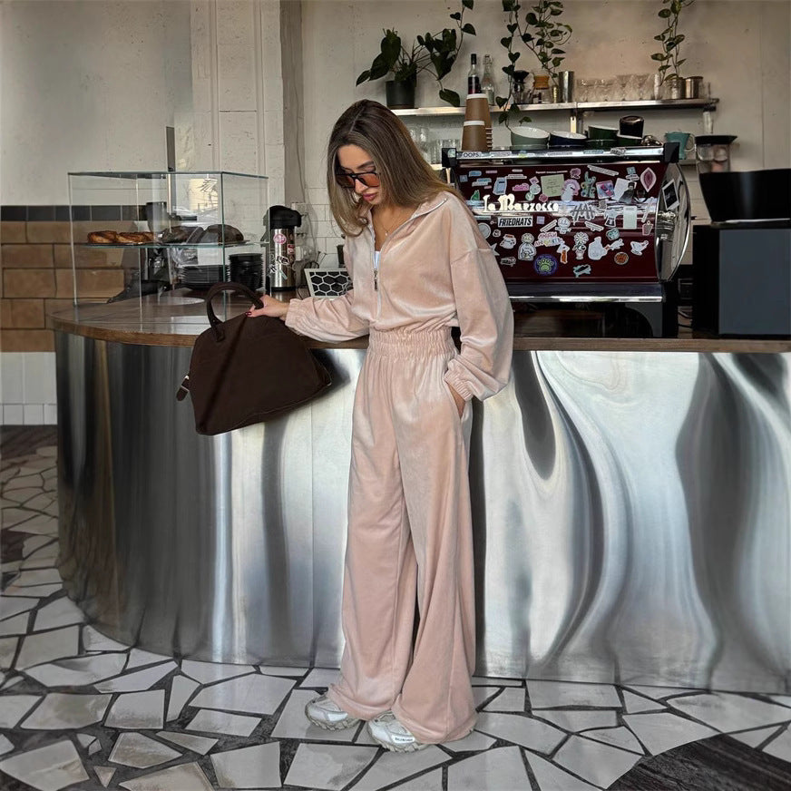 Damen Velours-Overall mit Reißverschluss, elastischem Taillenbund und weitem Palazzo-Bein Shop Nory