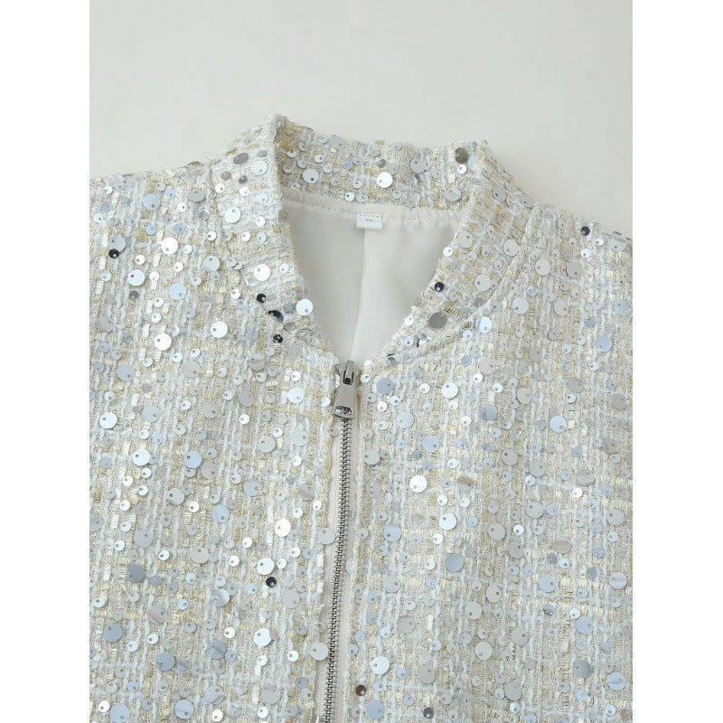 Damen Glitzernde Bomberjacke mit glänzenden Pailletten und Reißverschluss