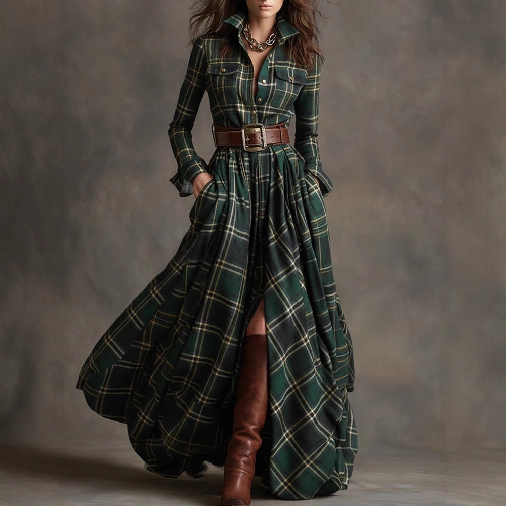 Damen nan karierte Maxikleid Hemdblusenkleid mit ausgestelltem Rock und breitem Taillengürtel Shop Nory