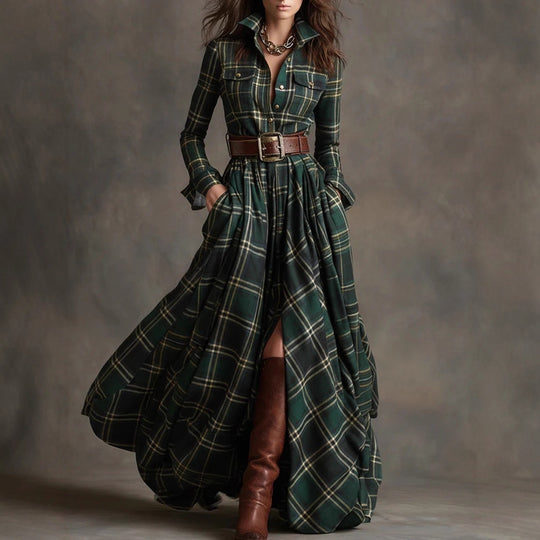 Damen nan karierte Maxikleid Hemdblusenkleid mit ausgestelltem Rock und breitem Taillengürtel Shop Nory