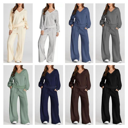 Damen Lässiges V-Ausschnitt Freizeit-Set mit weiter Jogginghose Shop Nory