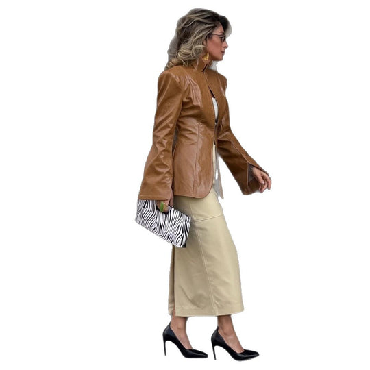 Damen Figurbetonter Lederimitat-Blazer mit Stehkragen & verlängerten Manschetten Shop Nory